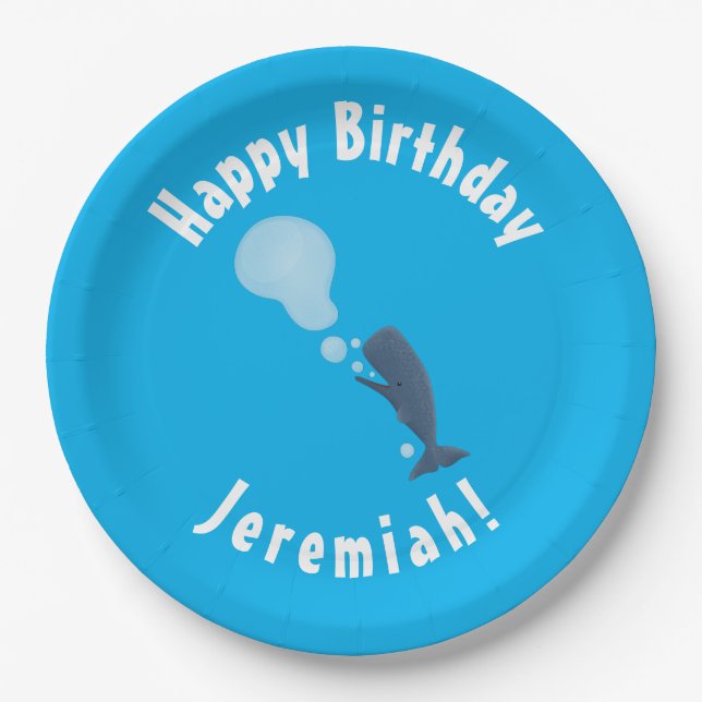Cute sperm whale blowing bubbles cartoon paper plate (Front)
