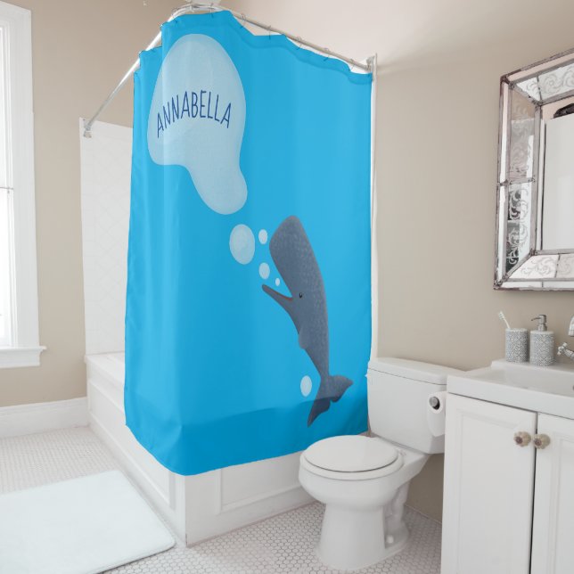 Cute sperm whale blowing bubbles cartoon shower curtain (In Situ)