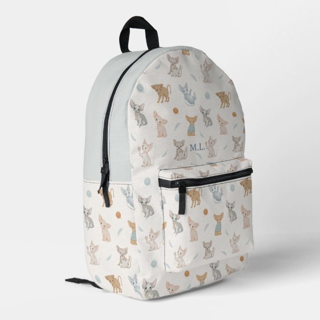 Cute Sphynx Cat Pattern Personalised Monogram Kids Printed Backpack (Back Corner Left)