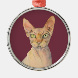 Cute Sphynx Cat Watercolor Illustration Metal Tree Decoration
