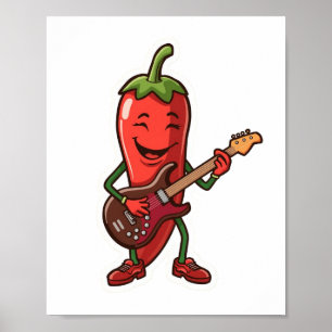 Cute Spicy Chilli Pepper Playing Electric Guitar Poster