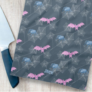 Cute spider and bat on spider web, customisable tea towel