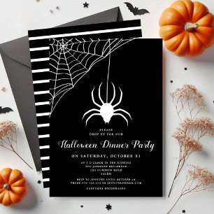 Cute Spider Black & White Halloween Dinner Party Invitation