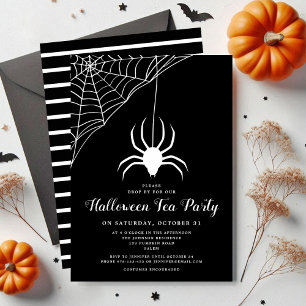 Cute Spider Black & White Halloween Tea Party Invitation