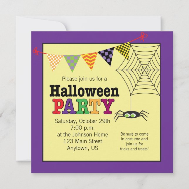 Cute Spider Colourful Halloween Party Invitation (Front)