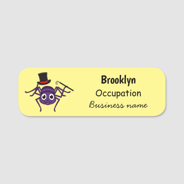 Cute spider in top hat cartoon name tag (Front)