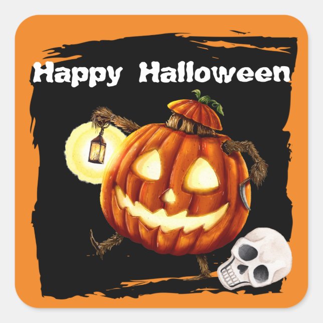 Cute Spider Jack o' Lantern Kids Halloween Square Sticker (Front)