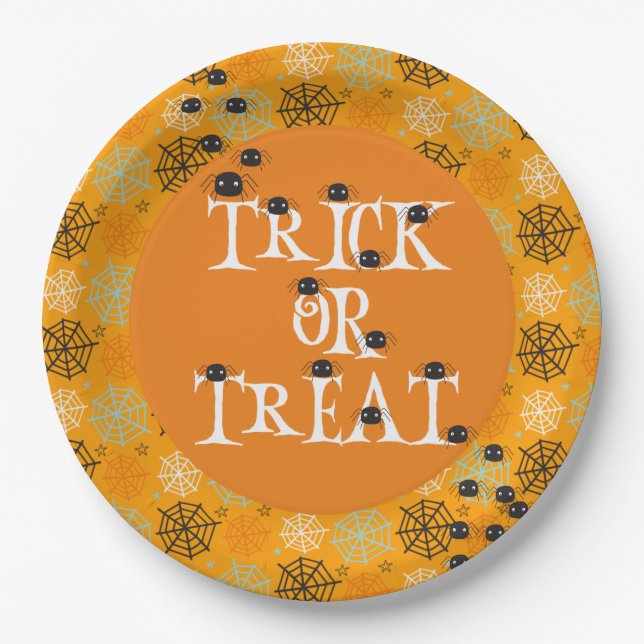 Cute spiders and spider web patterned Halloween Paper Plate (Front)