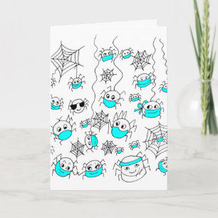 Cute Spiders in Face Masks Funny Cartoon Card