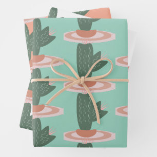 Cute Spikey Cactus Potted Houseplants Pattern Wrapping Paper Sheet