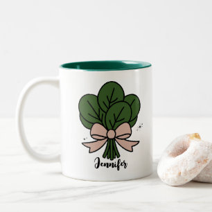 Cute spinach bunch with cute bow personalised name Two-Tone coffee mug