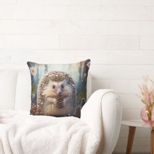  cute spiny hedgehog in the forest with cones cushion