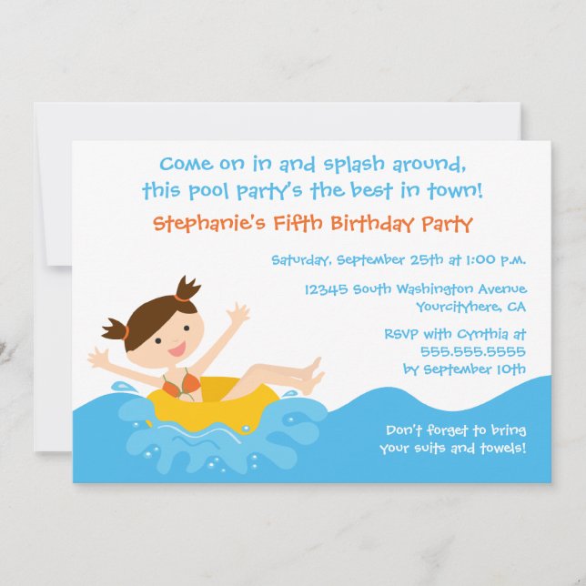 Cute splash girl's pool party birthday invitation (Front)