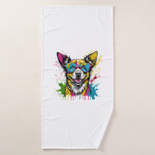 Cute Splashed Colourful Dog Wearing Sunglasses For Bath Towel