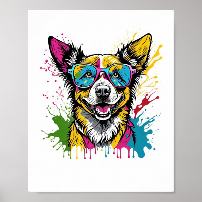 Cute Splashed Colourful Dog Wearing Sunglasses For Poster (Front)
