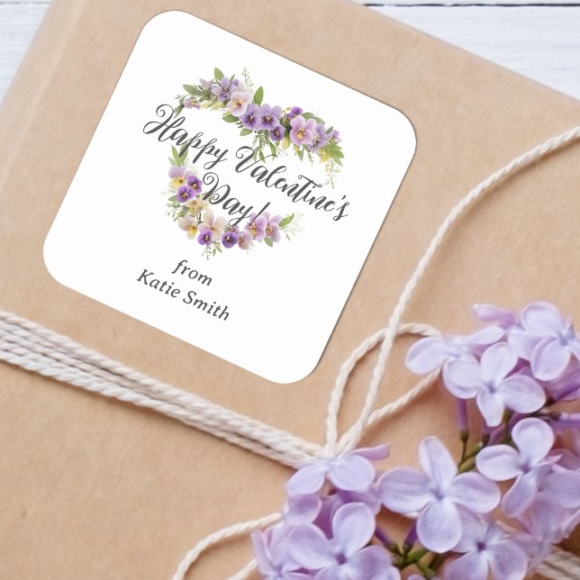 Cute Splendid Purple Shades Floral Valentine's Day Square Sticker (Cute Splendid Purple Shades Floral Valentine's Day Wreath Heart Square Sticker.)