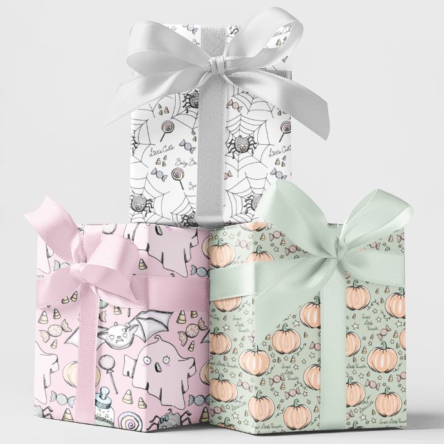 Cute Spooky Baby Halloween October Birthday Wrapping Paper Sheet (Cute October Birthday Halloween Kids Gift Wrap. Cute Baby Ghosts, Bats, Pumpkins & Spiders & Candy.)