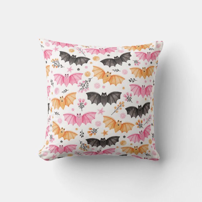 Cute Spooky Bats and Florals Pastel Halloween Cushion (Front)