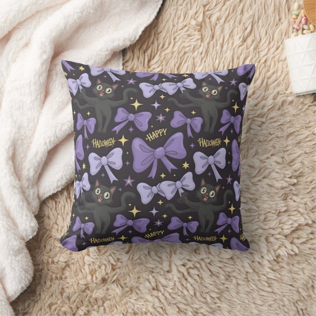 Cute Spooky Black Cat & Bow Seamless Halloween Cushion (Blanket)