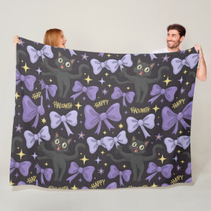 Cute Spooky Black Cat & Bow Seamless Halloween Fleece Blanket