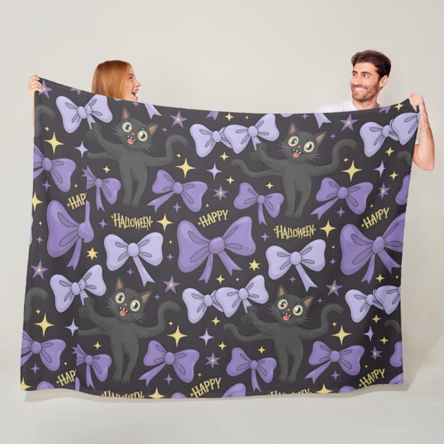 Cute Spooky Black Cat & Bow Seamless Halloween  Fleece Blanket (In Situ)