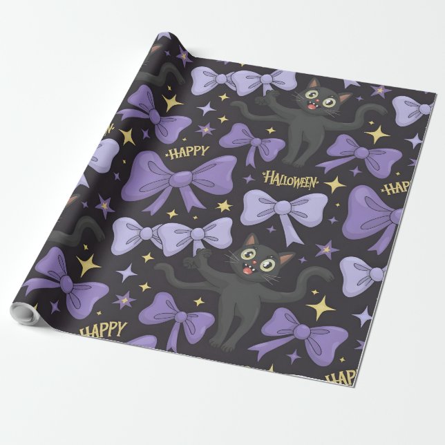 Cute Spooky Black Cat & Bow Seamless Halloween Wrapping Paper (Unrolled)