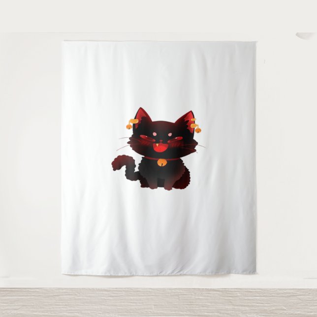 Cute Spooky Black Cat with Bells Classic T-Shirt Tapestry (Front)