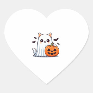 Cute Spooky Cat Ghost Pumpkin Halloween Fall Costu Heart Sticker