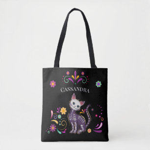 Cute Spooky Cat with Colourful Flowers Tote Bag