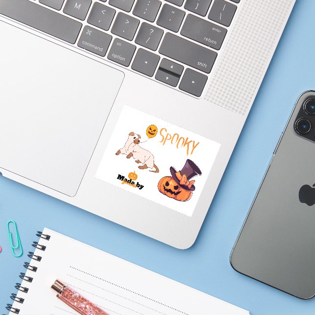 Cute Spooky Dog Ghost & Pumpkin Halloween Design – (Laptop w/ iPhone)