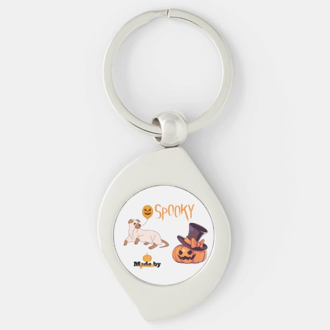 Cute Spooky Dog Ghost & Pumpkin Halloween Design – Key Ring (Front)