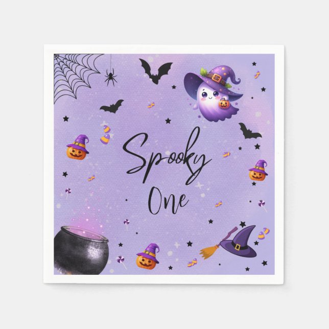 Cute Spooky First Birthday Halloween Party Purple Napkin (Front)