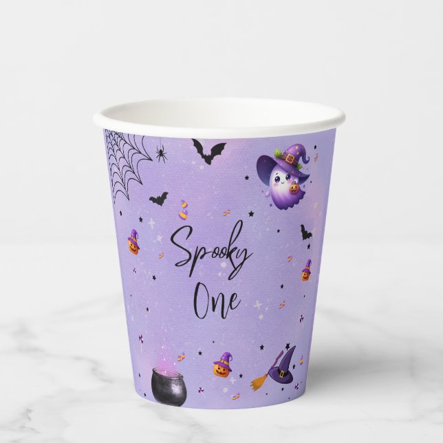 Cute Spooky First Birthday Halloween Party Purple Paper Cups (Front)