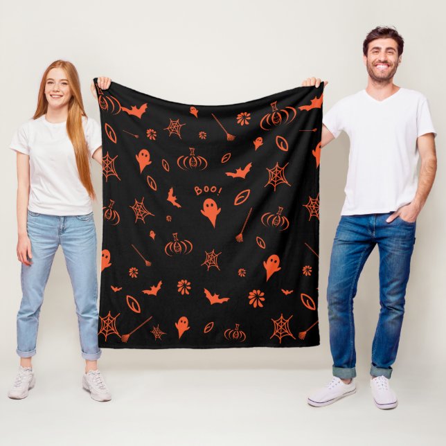 Cute Spooky Ghost Black Orange Halloween Fleece Blanket (In Situ)