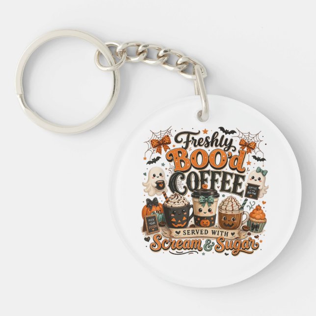 Cute Spooky Ghost Coffee Lover Halloween Key Ring (Front)