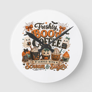 Cute Spooky Ghost Coffee Lover Halloween Round Clock
