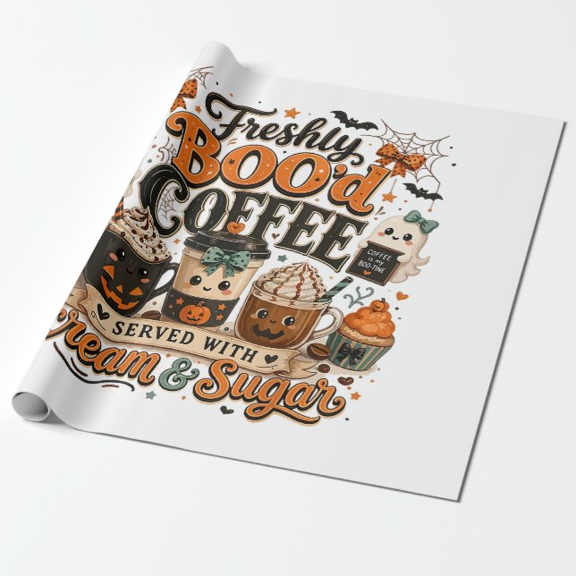 Cute Spooky Ghost Coffee Lover Halloween Wrapping Paper (Unrolled)