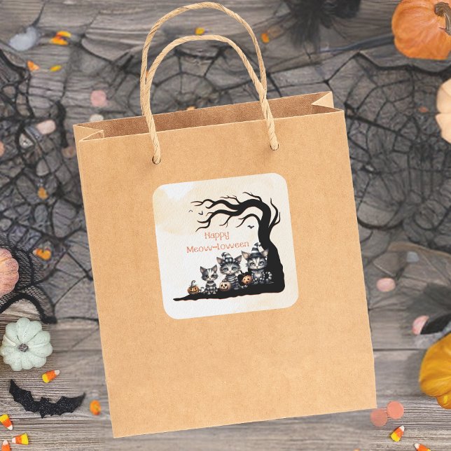  Cute Spooky Ghost Halloween Black Cats  Square Sticker (Creator Uploaded)