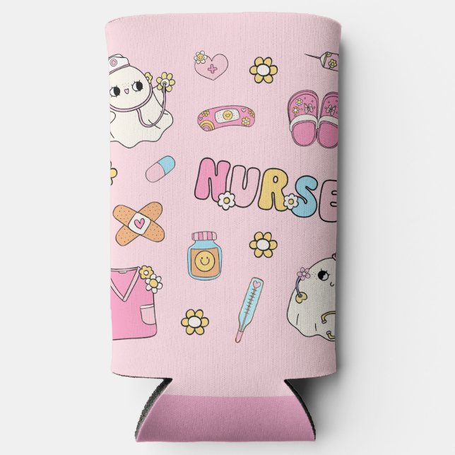 Cute Spooky Ghost Halloween Nurse Can Cooler (Front)