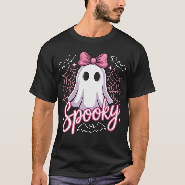 Cute Spooky Ghost Shirt | Pink Bow Pastel Hallowee (Front)