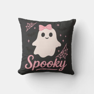 Cute Spooky Ghost with Pink Bow Kawaii Halloween Cushion