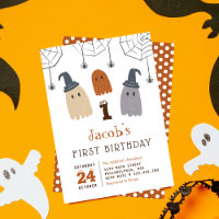 Cute Spooky Ghosts and Spiders First Birthday Invi