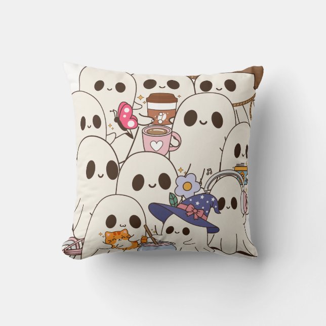 Cute Spooky Ghosts Coffee & Cat Autumn Cushion (Front)