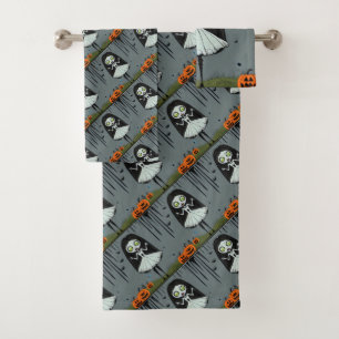 Cute Spooky Girl and Pumpkins Halloween Bath Towel Set