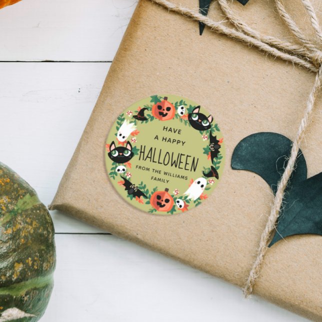 Cute Spooky Green Happy Halloween Wreath Classic Round Sticker (Creator Uploaded)