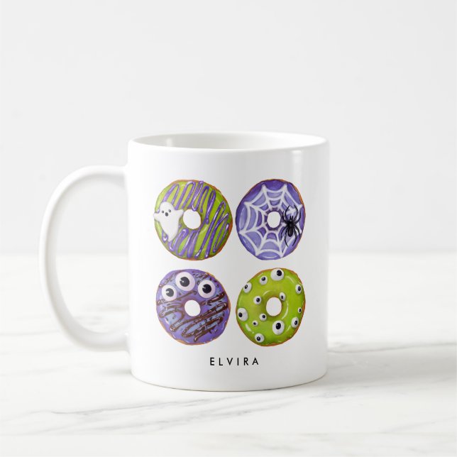 Cute Spooky Green & Purple Monster Doughnuts  Coffee Mug (Left)