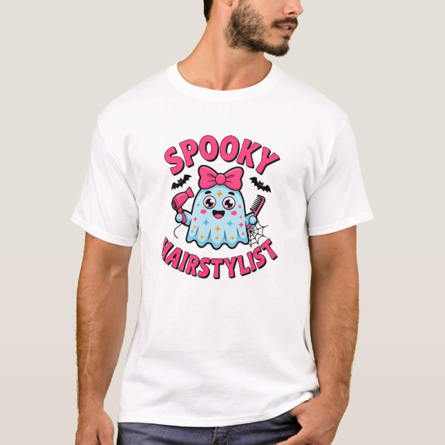 Cute Spooky Hairstylist Funny Ghost Halloween T-Shirt (Front)