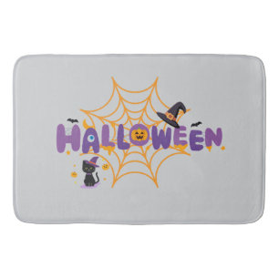 Cute Spooky Halloween Black Cat & Spider Web Bath  Mat