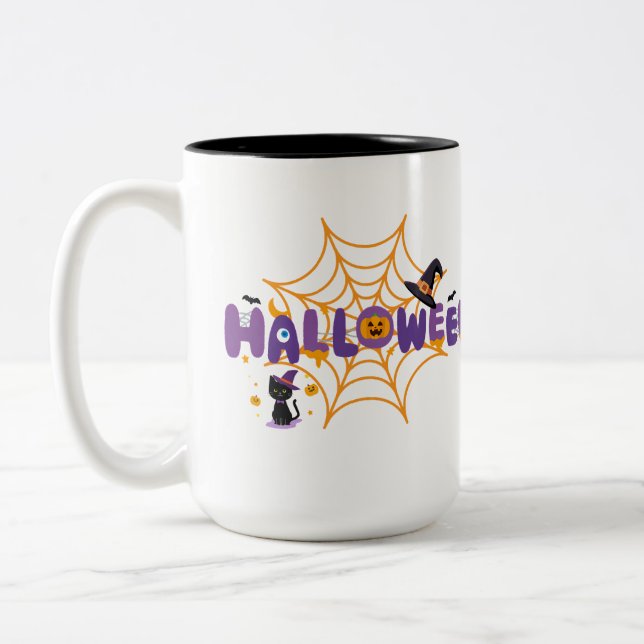 Cute Spooky Halloween Black Cat & Spider Web Mug (Left)