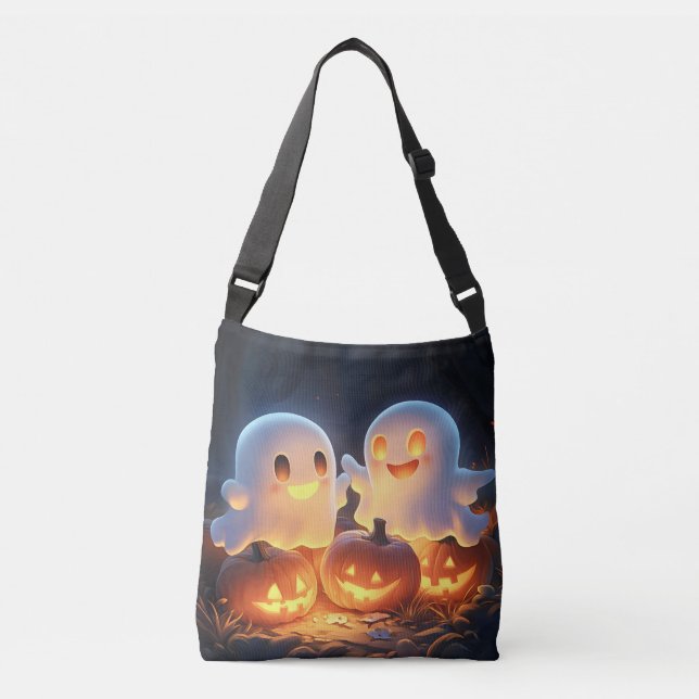 Cute Spooky Halloween Cartoon Ghosts Glowing Pumpk Crossbody Bag (Front)